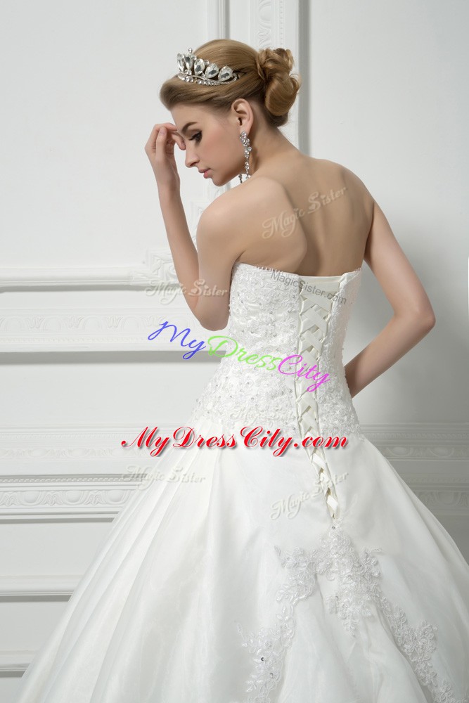 Tulle Sweetheart Sleeveless Court Train Lace Up Beading and Lace Bridal Gown in White