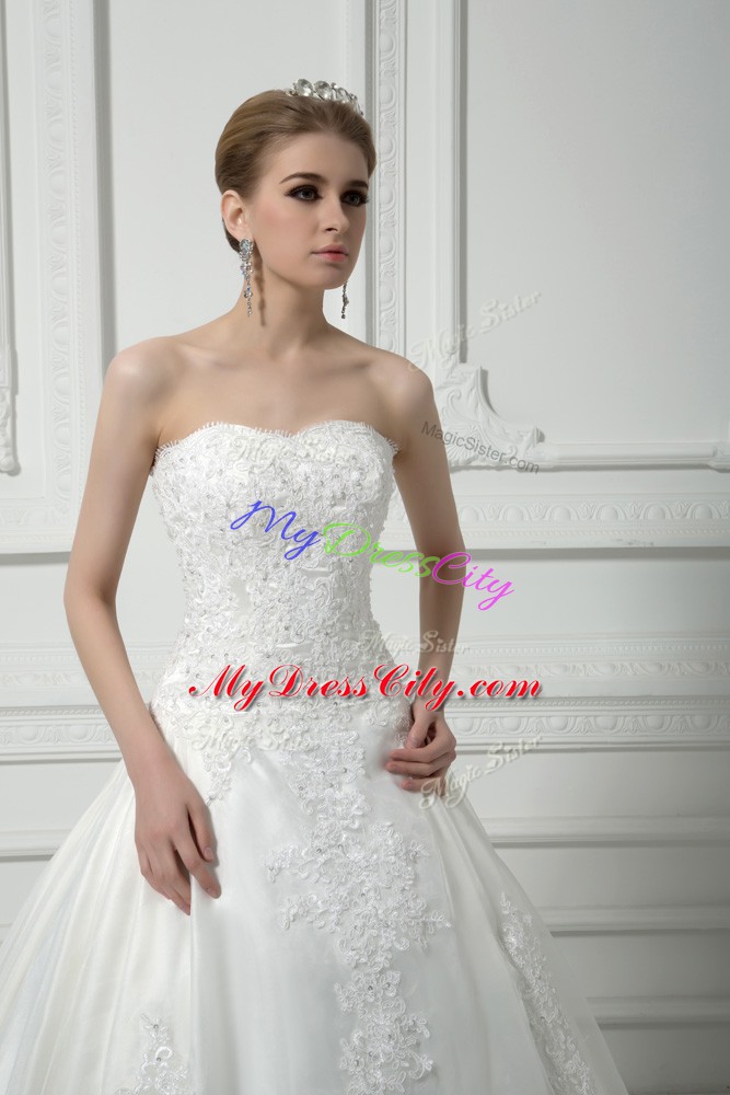 Tulle Sweetheart Sleeveless Court Train Lace Up Beading and Lace Bridal Gown in White