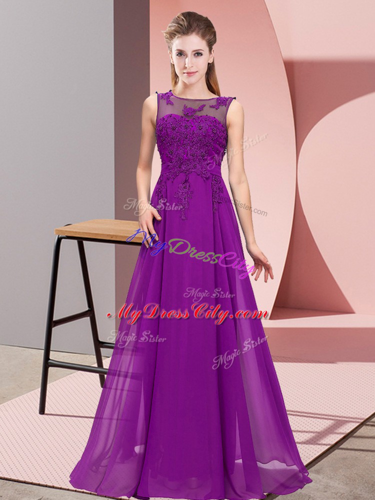 Purple Empire Chiffon Scoop Sleeveless Beading and Appliques Floor Length Zipper Bridesmaid Dresses