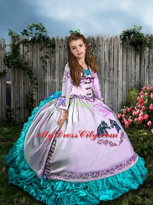 High Quality White Lace Up Straps Embroidery and Ruffles Girls Pageant Dresses Satin and Organza Sleeveless Sweep Train