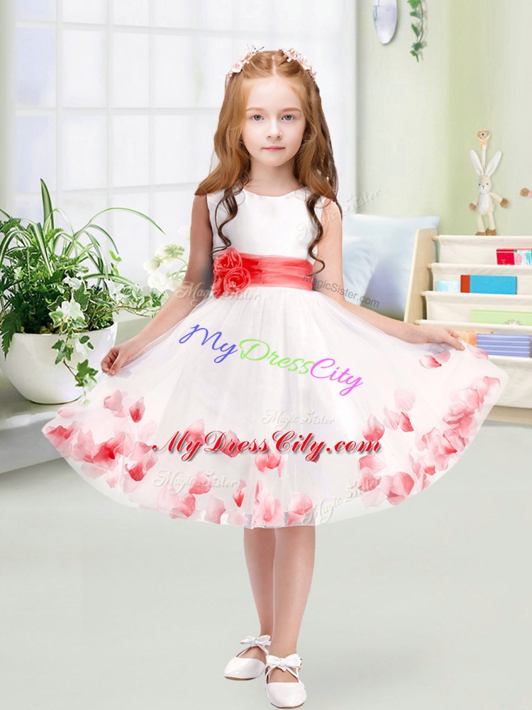 Glorious White Tulle Zipper Flower Girl Dresses Sleeveless Knee Length Appliques and Belt