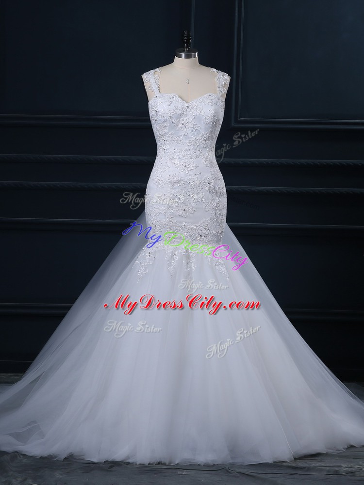 White Straps Neckline Lace Wedding Gown Sleeveless Side Zipper