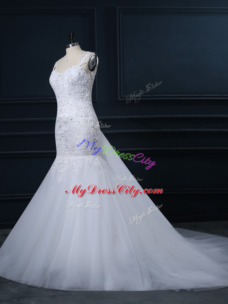 White Straps Neckline Lace Wedding Gown Sleeveless Side Zipper