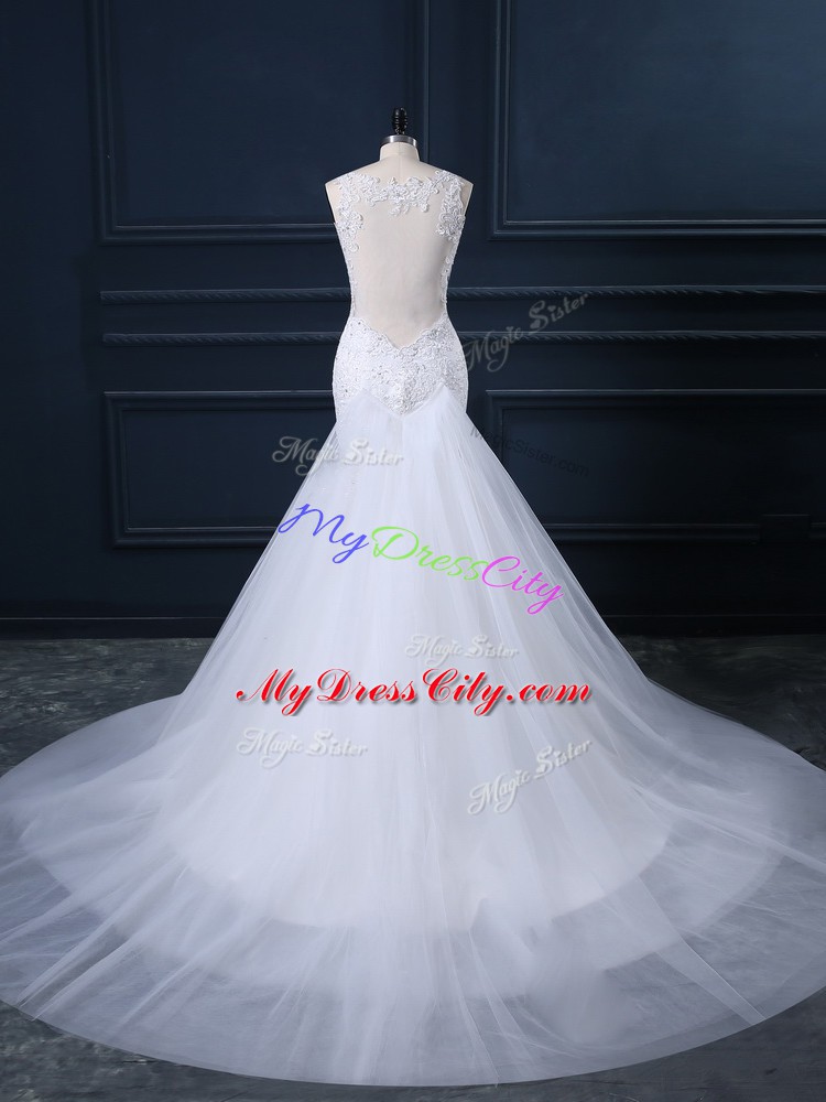 White Straps Neckline Lace Wedding Gown Sleeveless Side Zipper