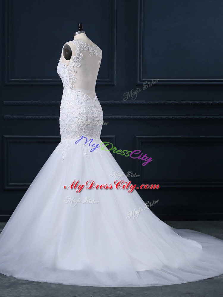 White Straps Neckline Lace Wedding Gown Sleeveless Side Zipper