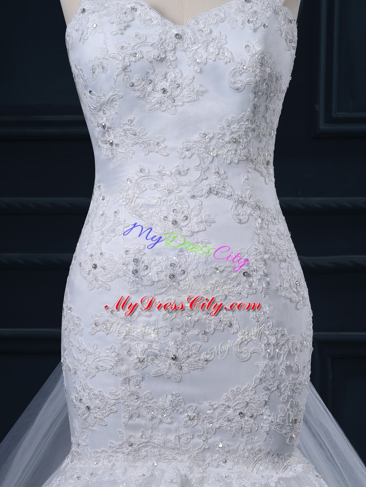 White Straps Neckline Lace Wedding Gown Sleeveless Side Zipper