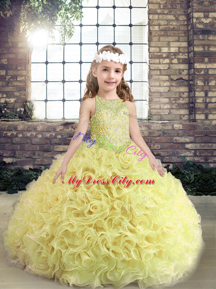 Perfect Yellow Green Lace Up Scoop Beading Little Girls Pageant Dress Fabric With Rolling Flowers Sleeveless