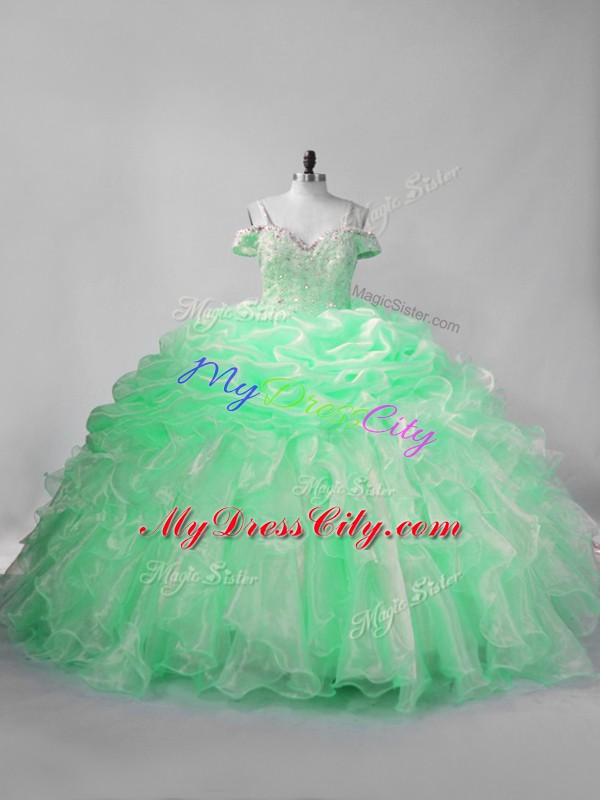 Apple Green Quince Ball Gowns Organza Sleeveless Beading and Pick Ups