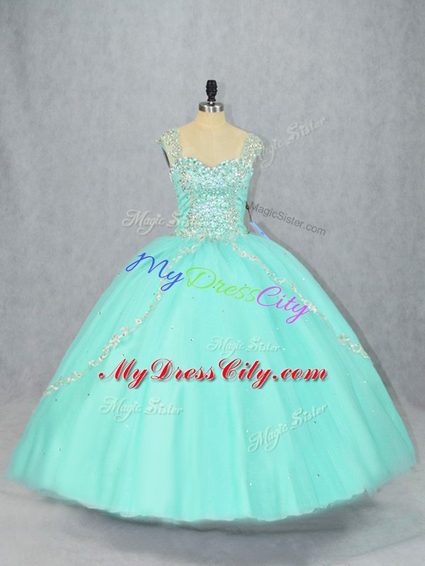 Fashion Cap Sleeves Tulle Brush Train Lace Up Sweet 16 Quinceanera Dress in Apple Green with Beading