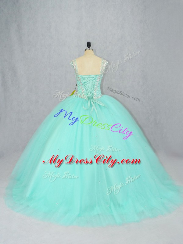 Fashion Cap Sleeves Tulle Brush Train Lace Up Sweet 16 Quinceanera Dress in Apple Green with Beading