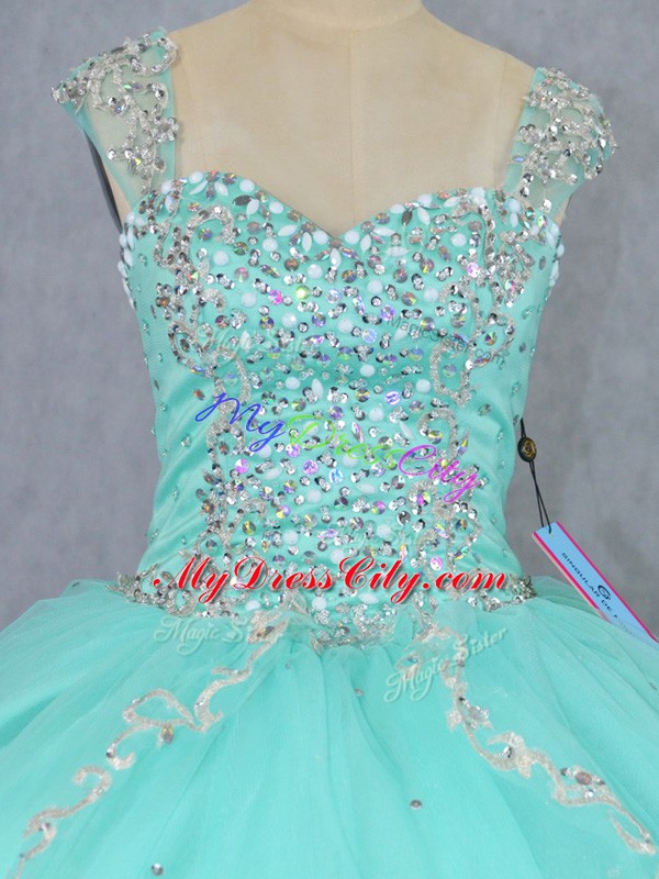 Fashion Cap Sleeves Tulle Brush Train Lace Up Sweet 16 Quinceanera Dress in Apple Green with Beading