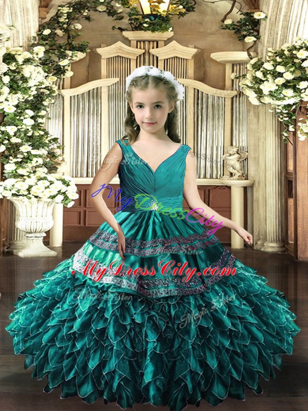 Custom Made Teal Backless Child Pageant Dress Beading and Appliques and Ruffles Sleeveless Floor Length