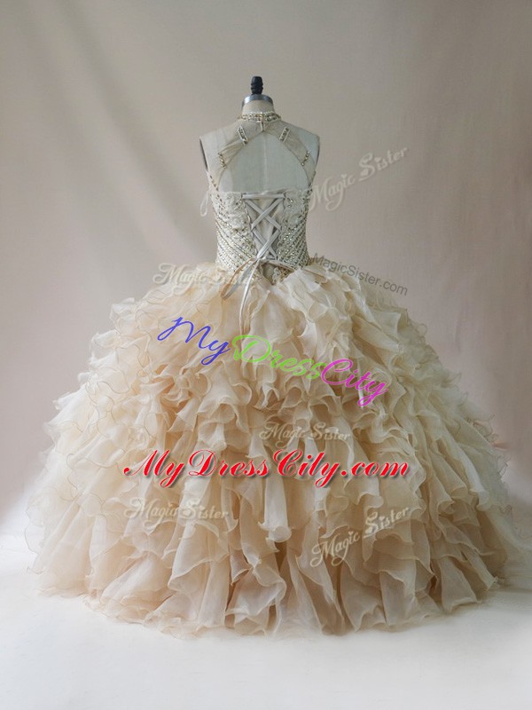 Sleeveless Organza Floor Length Lace Up 15th Birthday Dress in Champagne with Beading and Ruffles