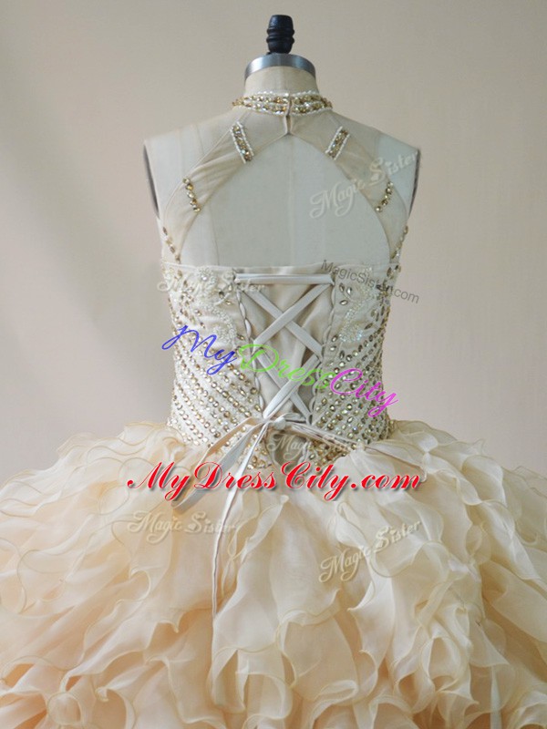 Sleeveless Organza Floor Length Lace Up 15th Birthday Dress in Champagne with Beading and Ruffles