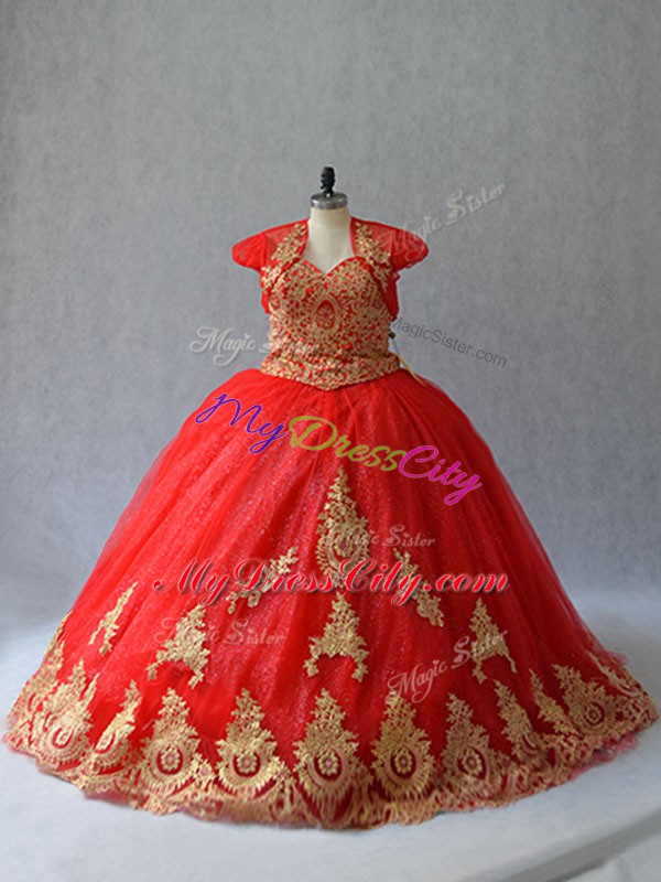 Red Sweetheart Neckline Beading and Appliques Sweet 16 Quinceanera Dress Sleeveless Lace Up