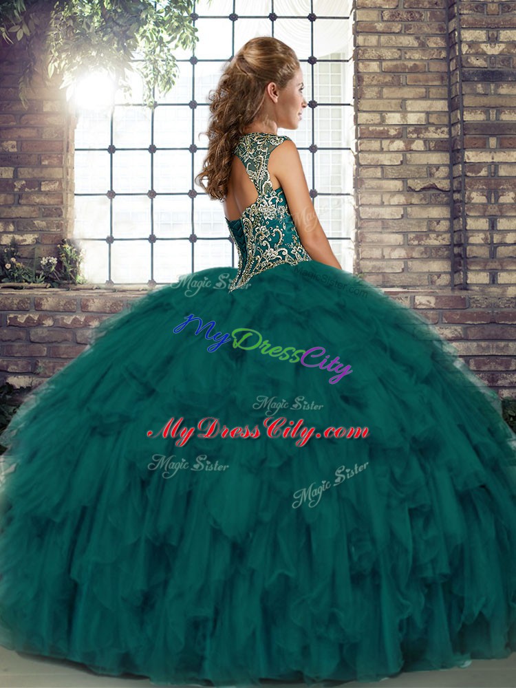 Traditional Floor Length Lace Up Sweet 16 Dresses Purple for Military Ball and Sweet 16 and Quinceanera with Beading and Ruffles