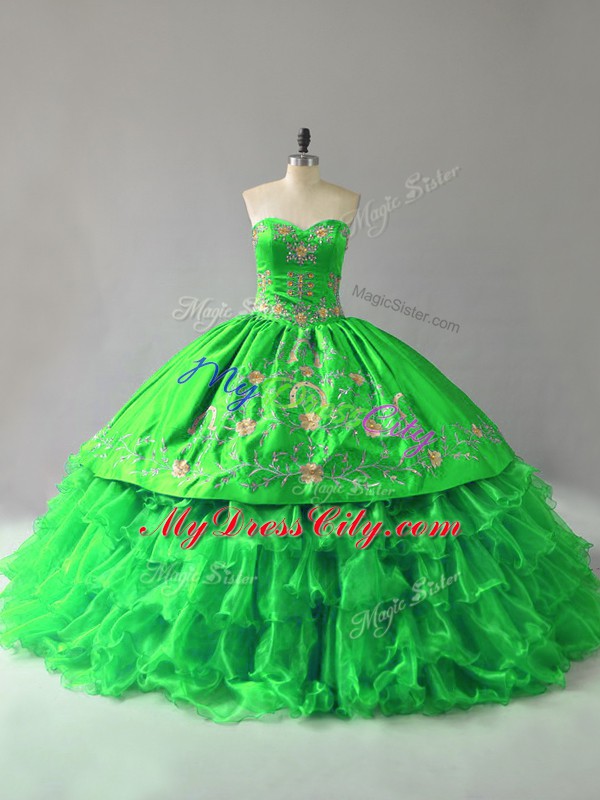 Top Selling Sweetheart Lace Up Embroidery and Ruffles Ball Gown Prom Dress Sleeveless