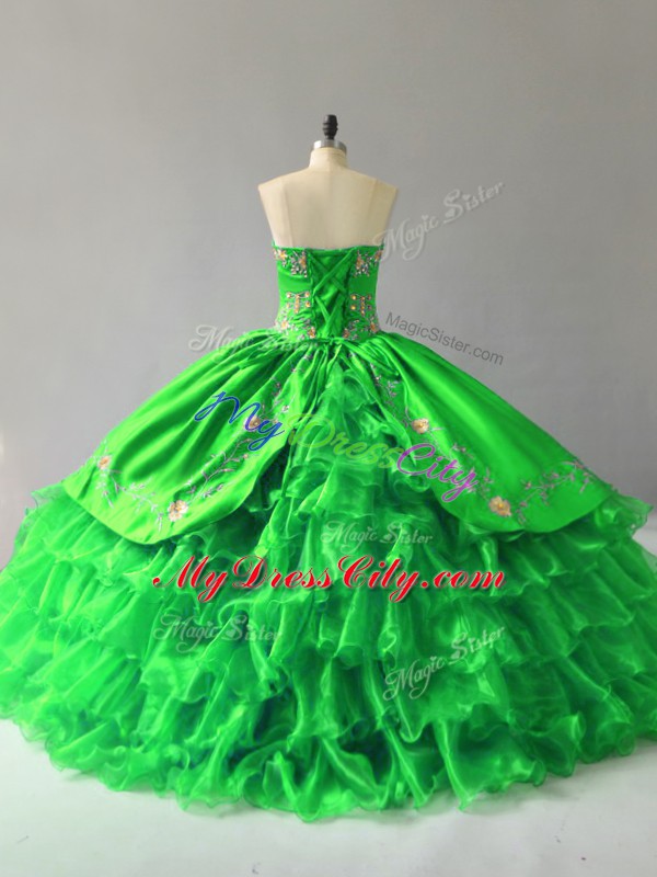 Top Selling Sweetheart Lace Up Embroidery and Ruffles Ball Gown Prom Dress Sleeveless