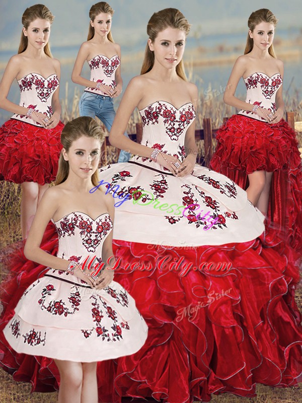 Embroidery and Ruffles and Bowknot Quinceanera Dress White And Red Lace Up Sleeveless Floor Length