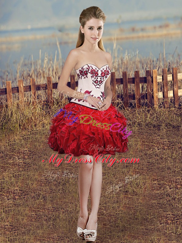 Embroidery and Ruffles and Bowknot Quinceanera Dress White And Red Lace Up Sleeveless Floor Length