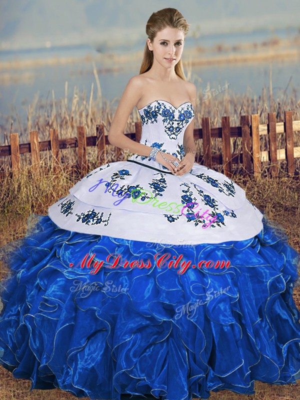 Floor Length Lace Up Quince Ball Gowns Blue And White for Military Ball and Sweet 16 and Quinceanera with Embroidery and Ruffles and Bowknot