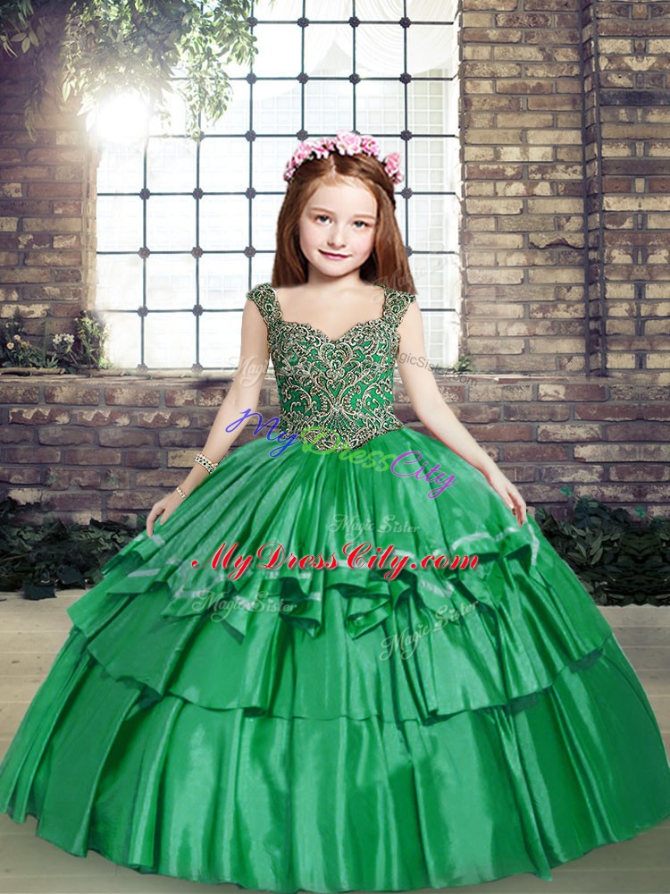 New Style Taffeta Straps Sleeveless Lace Up Beading Child Pageant Dress in Green