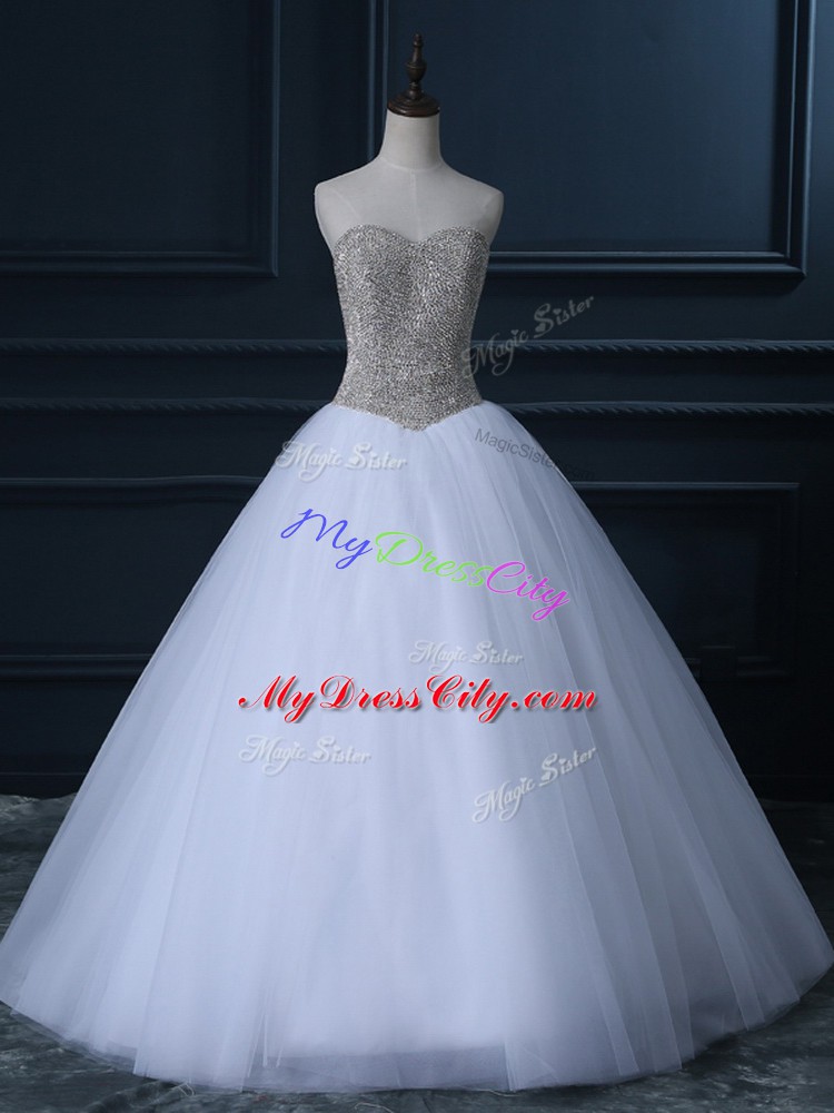 White Tulle Zipper Sweetheart Sleeveless Floor Length Bridal Gown Beading and Bowknot