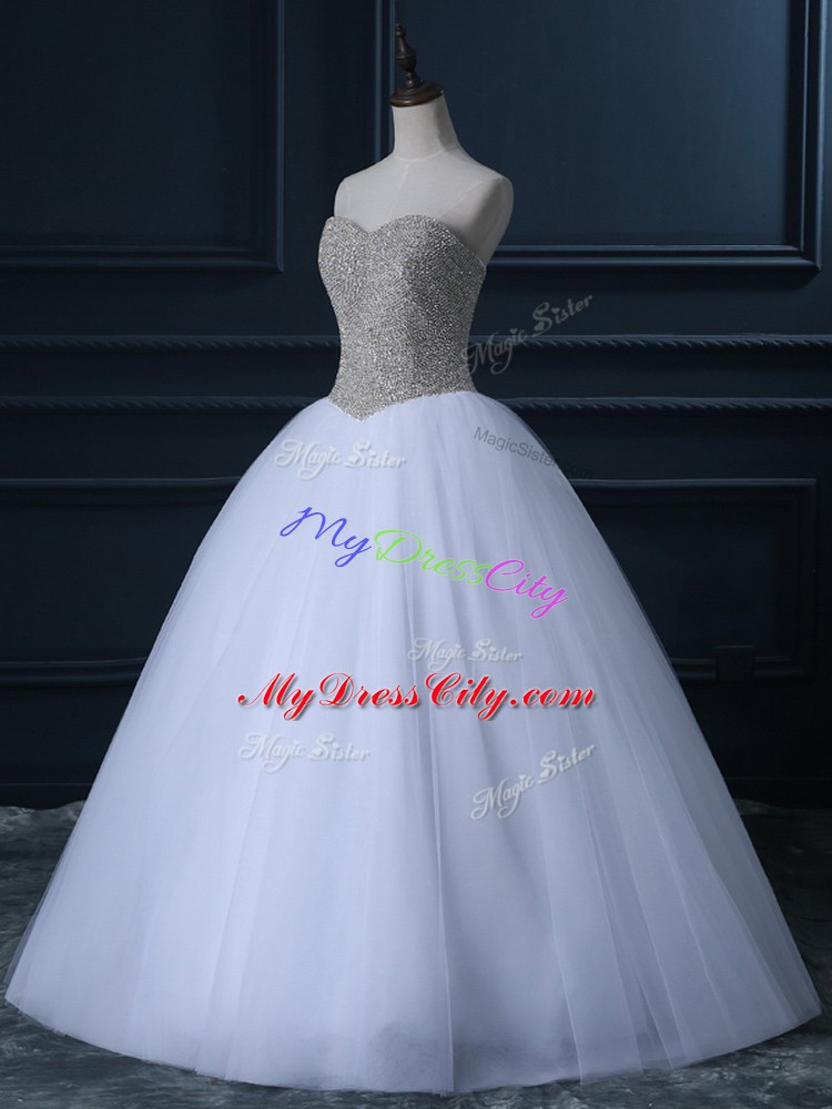 White Tulle Zipper Sweetheart Sleeveless Floor Length Bridal Gown Beading and Bowknot