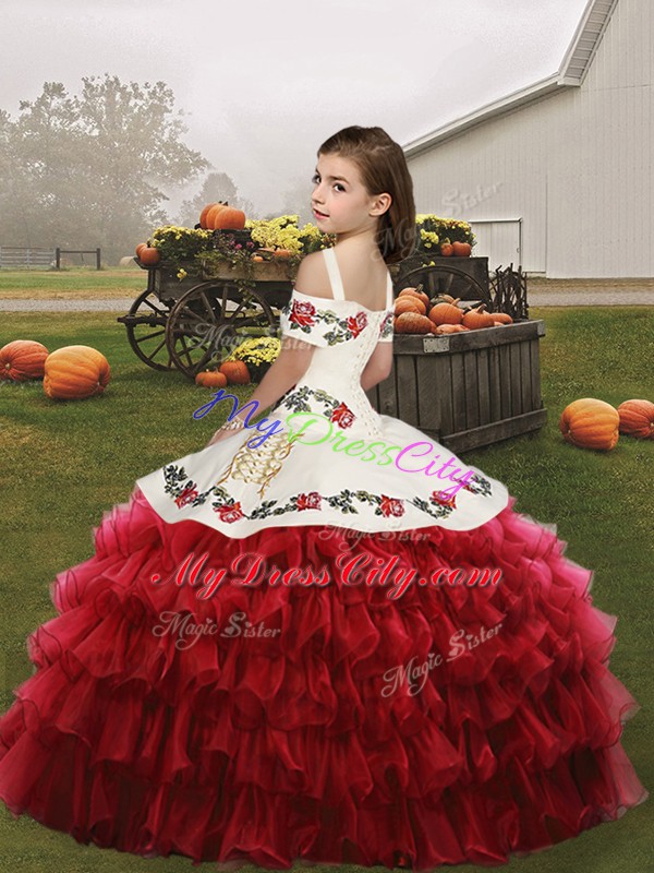 Sleeveless Embroidery and Ruffled Layers Lace Up Child Pageant Dress