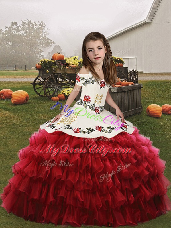 Sleeveless Embroidery and Ruffled Layers Lace Up Child Pageant Dress