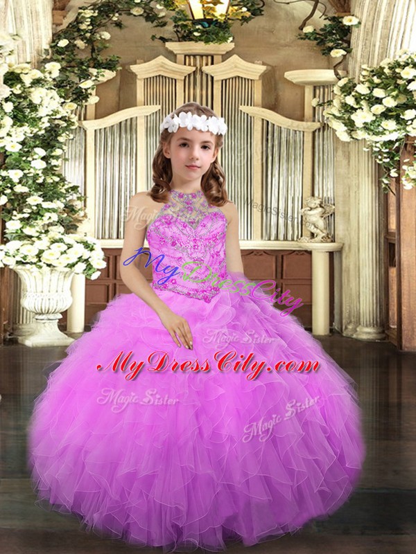 Lilac Ball Gowns Beading and Ruffles Little Girls Pageant Gowns Lace Up Tulle Sleeveless Floor Length