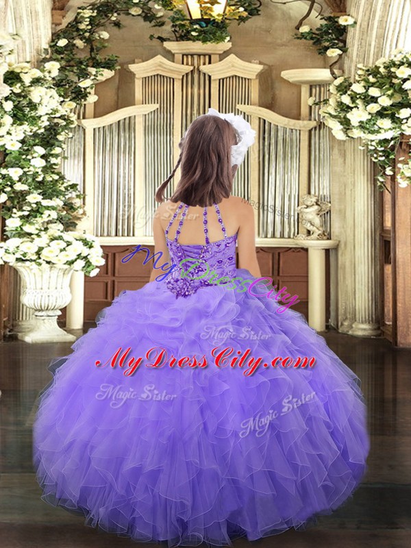 Lilac Ball Gowns Beading and Ruffles Little Girls Pageant Gowns Lace Up Tulle Sleeveless Floor Length