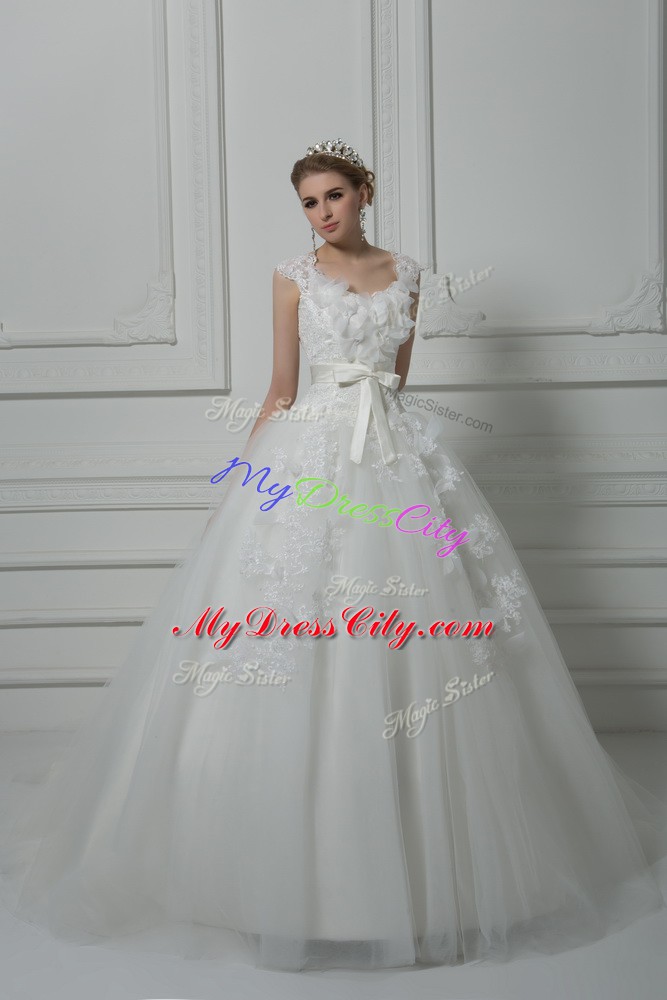 White Ball Gowns V-neck Sleeveless Tulle Brush Train Lace Up Lace and Appliques and Belt and Hand Made Flower Wedding Dresses