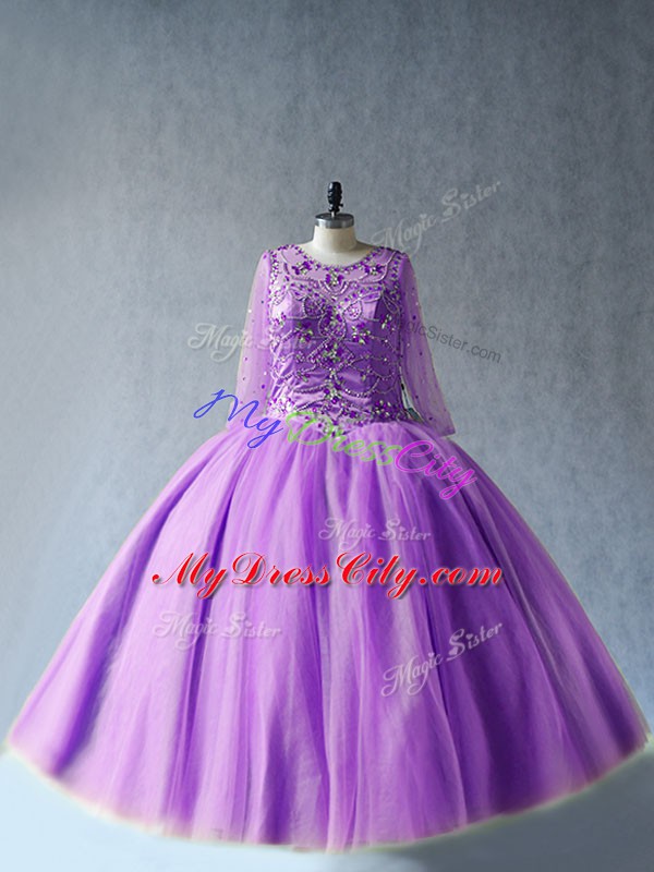 Lavender Ball Gowns Tulle Scoop Long Sleeves Beading Floor Length Lace Up Quinceanera Dresses