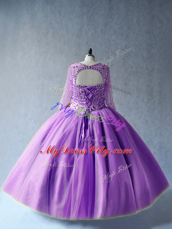 Lavender Ball Gowns Tulle Scoop Long Sleeves Beading Floor Length Lace Up Quinceanera Dresses