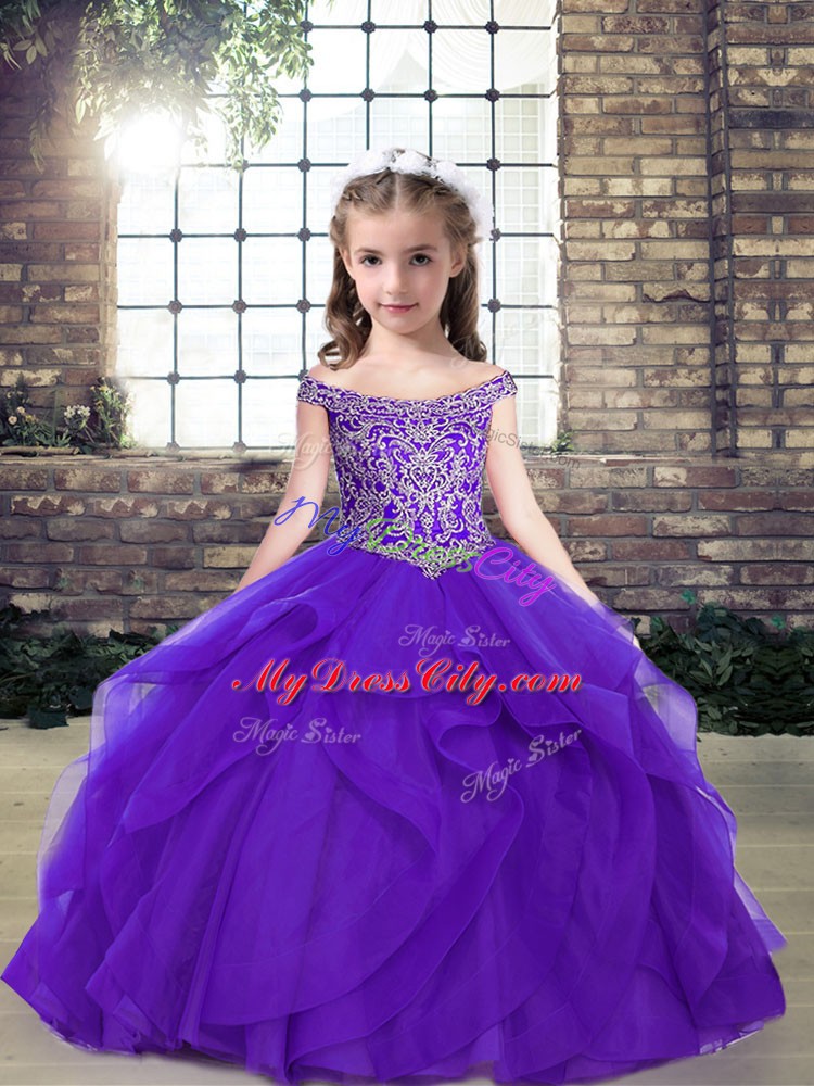 Floor Length Purple Child Pageant Dress Organza Sleeveless Beading