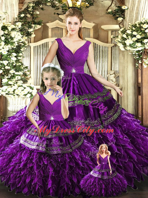 Eye-catching Purple Quinceanera Dresses Military Ball and Sweet 16 and Quinceanera with Beading and Embroidery and Ruffles V-neck Sleeveless Backless