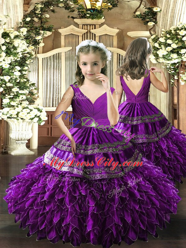 Eye-catching Purple Quinceanera Dresses Military Ball and Sweet 16 and Quinceanera with Beading and Embroidery and Ruffles V-neck Sleeveless Backless