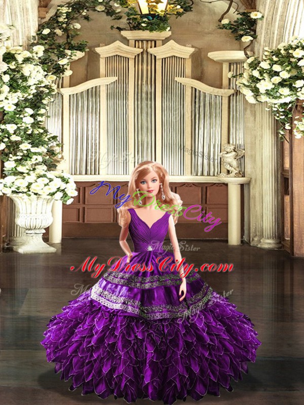 Eye-catching Purple Quinceanera Dresses Military Ball and Sweet 16 and Quinceanera with Beading and Embroidery and Ruffles V-neck Sleeveless Backless