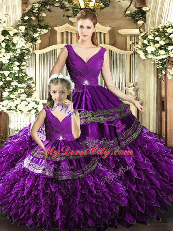 Eye-catching Purple Quinceanera Dresses Military Ball and Sweet 16 and Quinceanera with Beading and Embroidery and Ruffles V-neck Sleeveless Backless