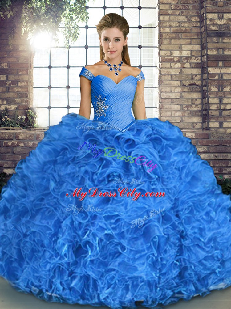 Blue Ball Gowns Beading and Ruffles Sweet 16 Dresses Lace Up Organza Sleeveless Floor Length