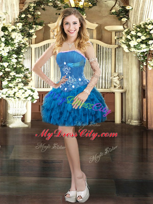 Dazzling Strapless Sleeveless Lace Up Dress for Prom Blue Organza