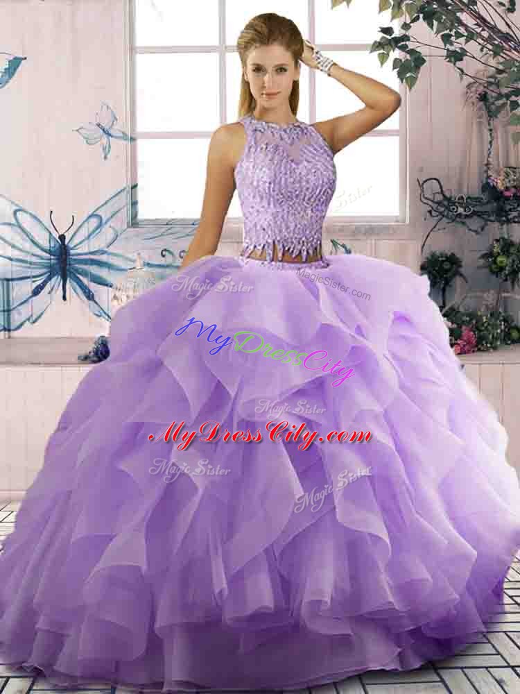 Eye-catching Lavender Scoop Zipper Beading and Ruffles Quinceanera Gown Sleeveless