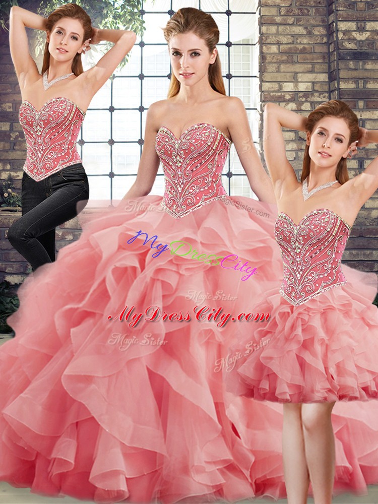 Three Pieces Sleeveless Watermelon Red 15th Birthday Dress Brush Train Lace Up