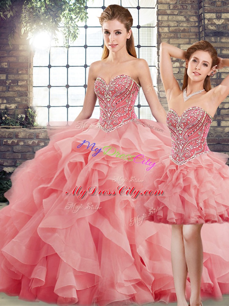 Three Pieces Sleeveless Watermelon Red 15th Birthday Dress Brush Train Lace Up