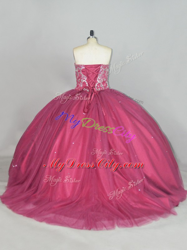 Red Sleeveless Tulle Brush Train Lace Up Sweet 16 Dresses for Sweet 16 and Quinceanera