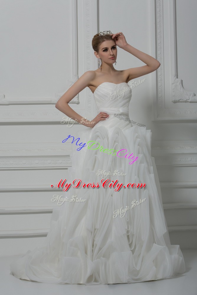 Attractive White Fabric With Rolling Flowers Lace Up Bridal Gown Sleeveless Brush Train Belt