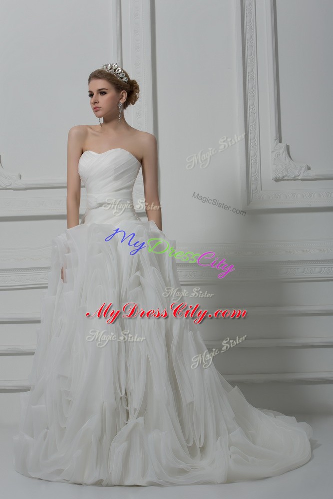 Attractive White Fabric With Rolling Flowers Lace Up Bridal Gown Sleeveless Brush Train Belt