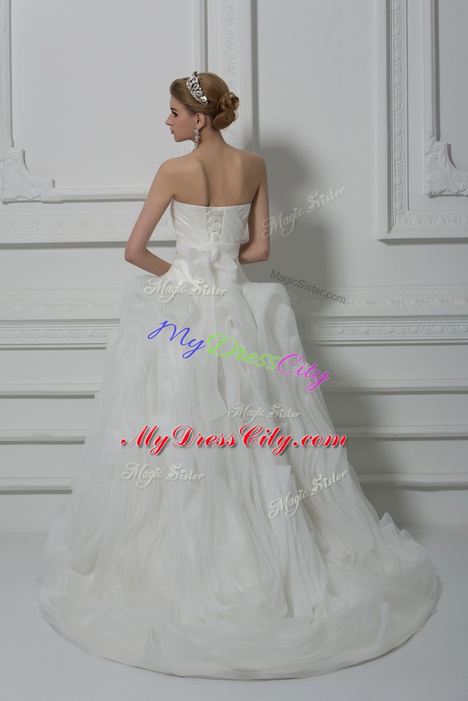 Attractive White Fabric With Rolling Flowers Lace Up Bridal Gown Sleeveless Brush Train Belt