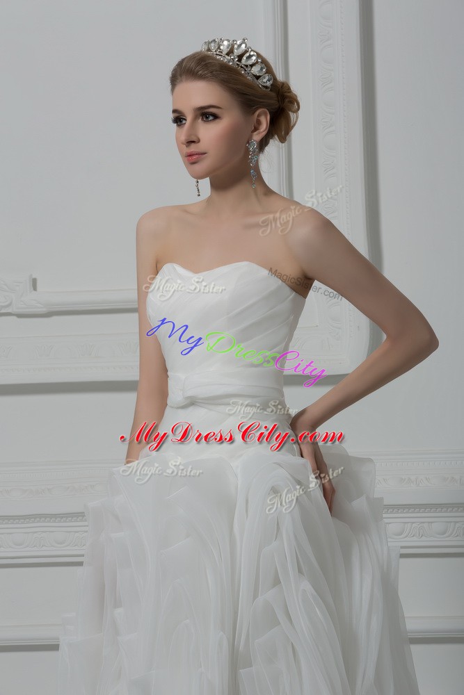 Attractive White Fabric With Rolling Flowers Lace Up Bridal Gown Sleeveless Brush Train Belt